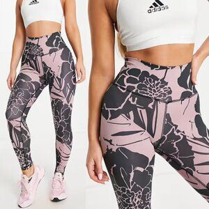 Adidas Training All Over Optime Flower Print 7/8 Crop Legging Black Pink M $65